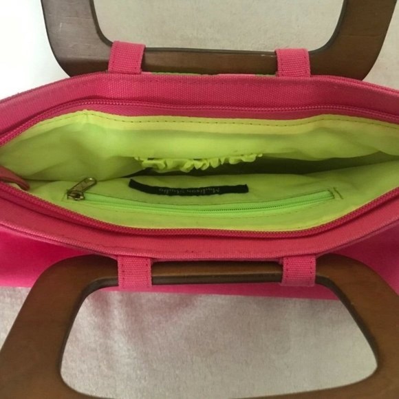 Madison Studio Polka Dots Purse Clutch Wooden Handles Pink Green Embellished - Picture 8 of 9